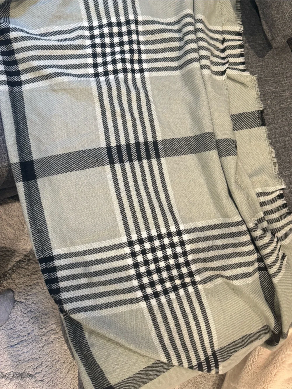 Oversized Gray Black Plaid Blanket Scarf Wrap Fringe One Size
